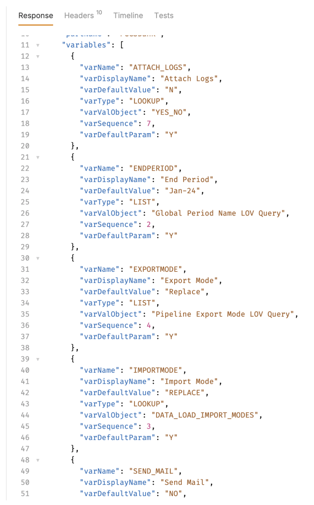 Pipeline variables with their type and default value