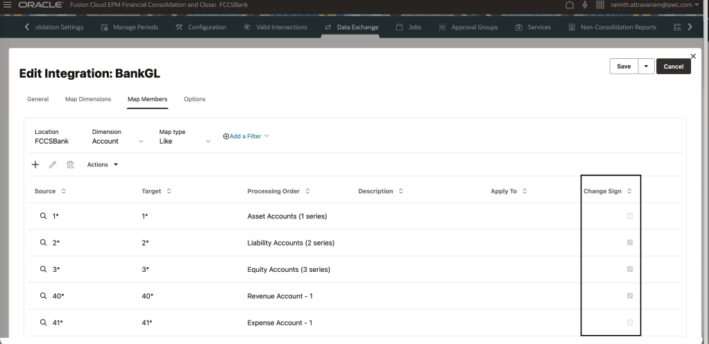 Data load mapping with the change sign setting applied to an account