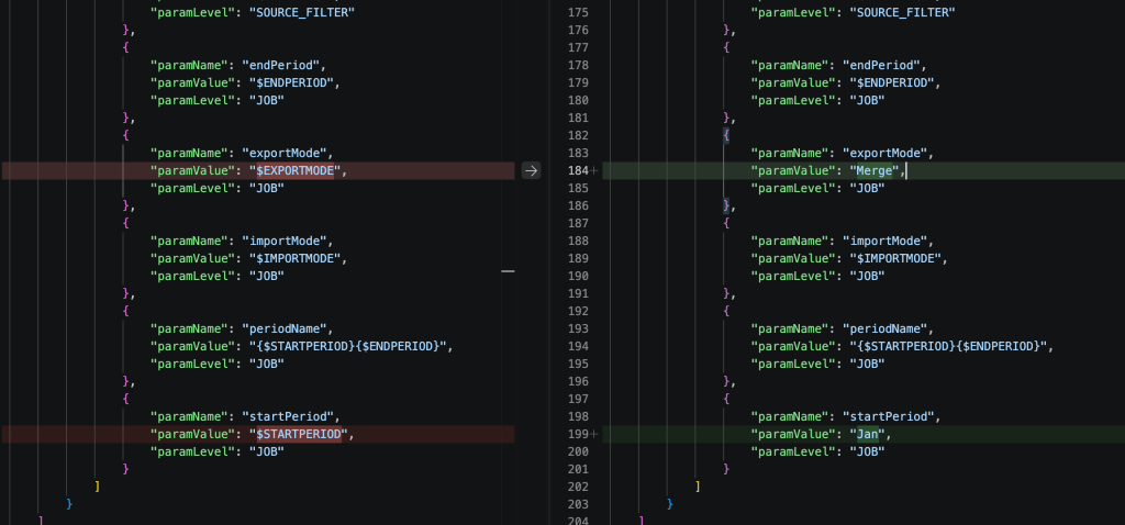 Two formatted pipeline responses compared side by side with the differences highlighted