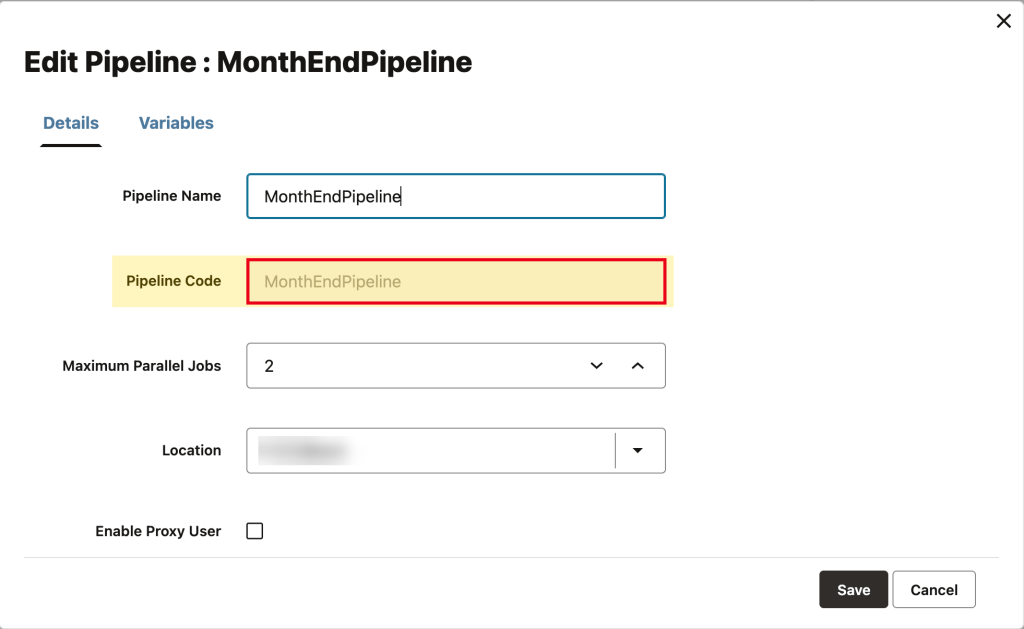 Edit Pipeline dialog with the Pipeline Code field highlighted