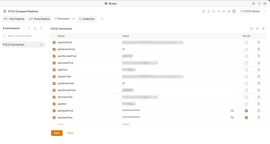 Environment variables configured for the prod and test connections