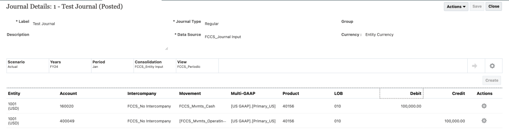 Consolidation Journal with a debit to the cash account and a credit to the Sales account, shown in balance