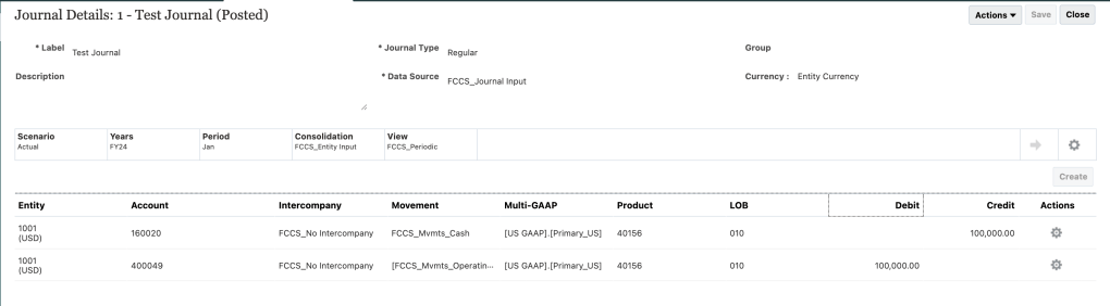 Consolidation Journal with a credit to the cash account and a debit to the Sales account