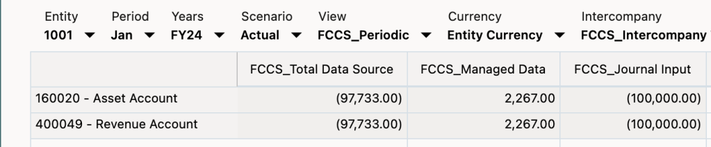 Smart View retrieval after the reversed journal, with both accounts returning negative values